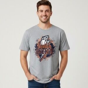 Houston Astros Baseball Lightning Bolt Graphic T Shirt XL Gray Bella Canvas